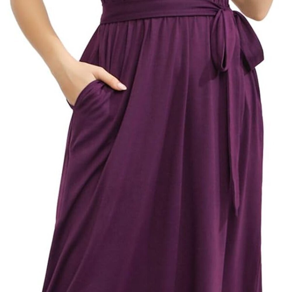 Women's Summer Dress V-Neck Short Sleeve Pockets Fit And Flare Casual Midi